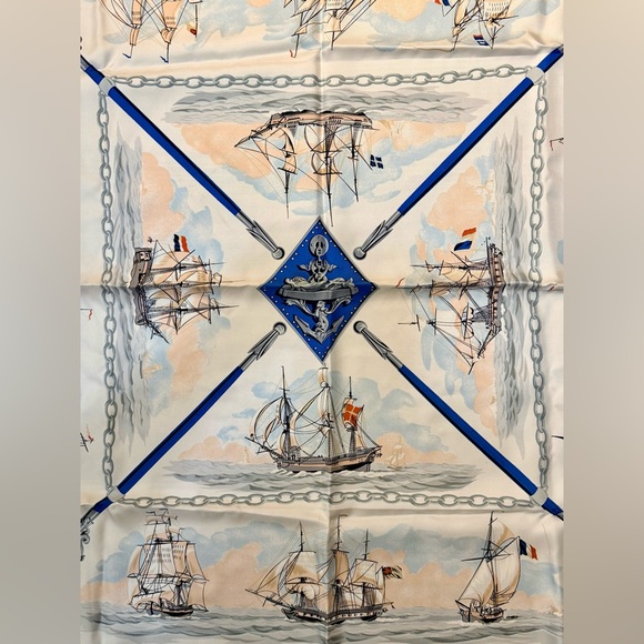 HERMES Never Worn Vintage “The Wooden Marine” Pink Carre 90 Silk Twill Scarf - Picture 12 of 16